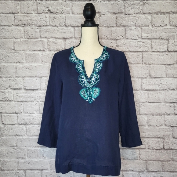 Lilly Pulitzer Top Amelia Island Blue Turquoise White Beaded Linen Tunic Size S - Picture 2 of 7